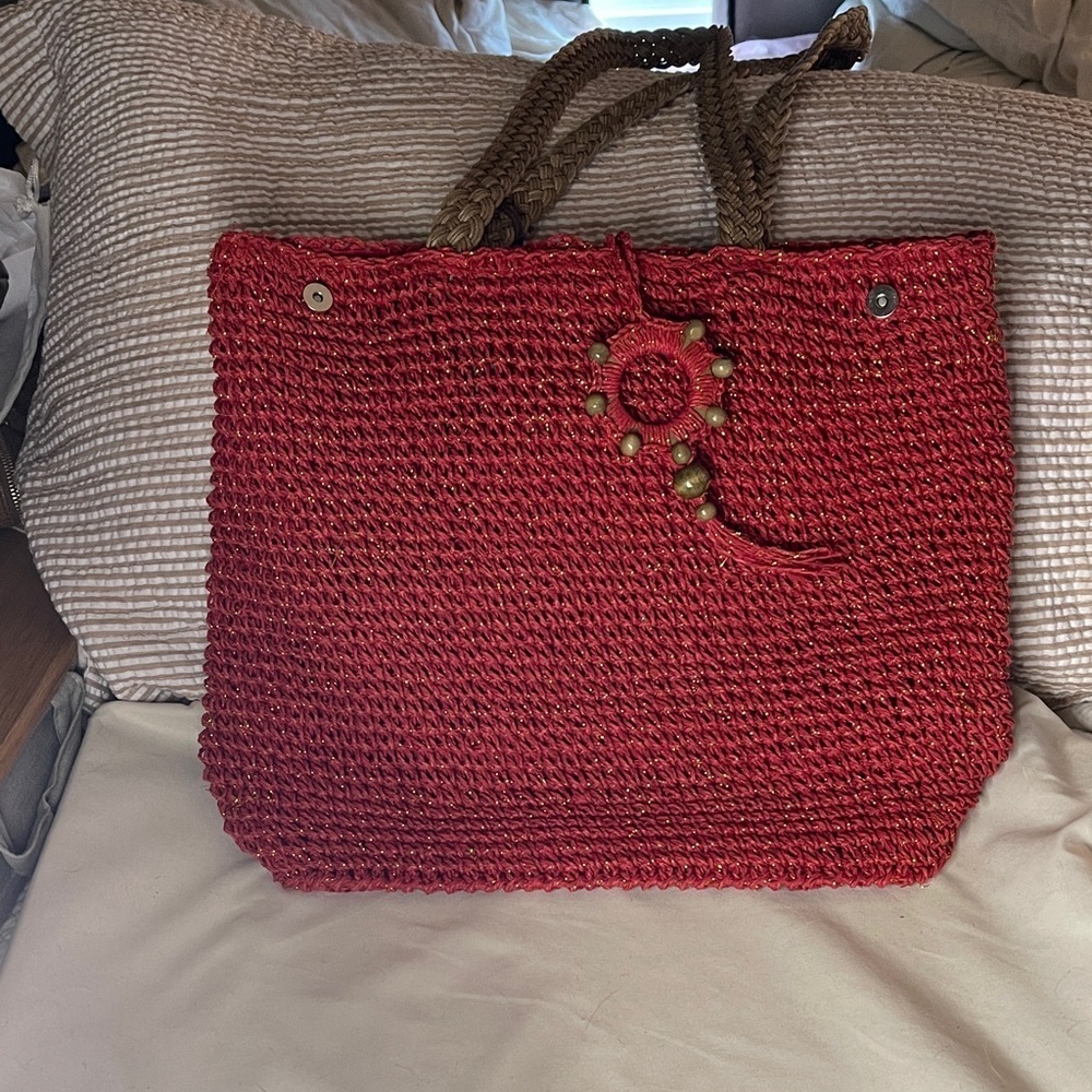 Sun and Sand Red and Gold Woven Tote Bag with braided straps Fun Festive Tote